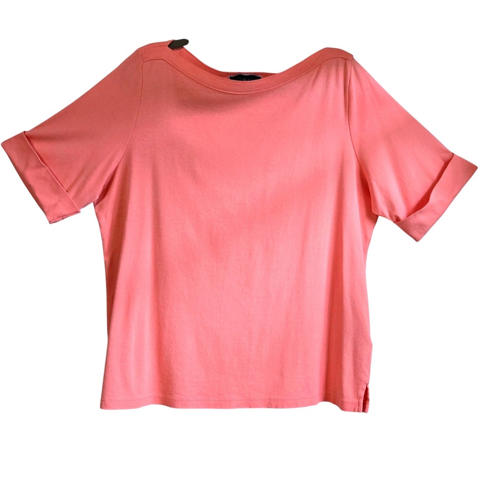 Karen Scott Women's 1X Coral Pink Boat Neck Cuffed Short Sleeve Cotton Top